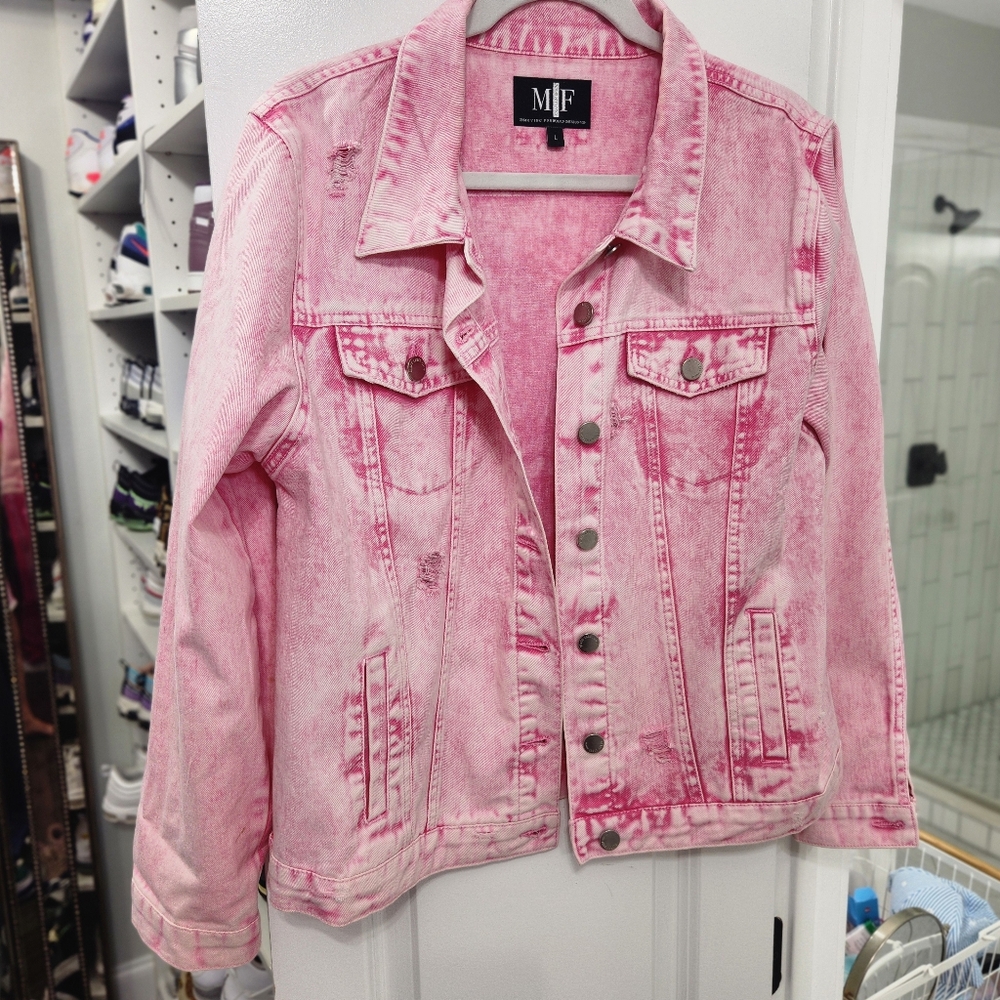 Evil Eye Distressed Jean Jacket, Pink Size Large, EUC - Picture 4 of 4